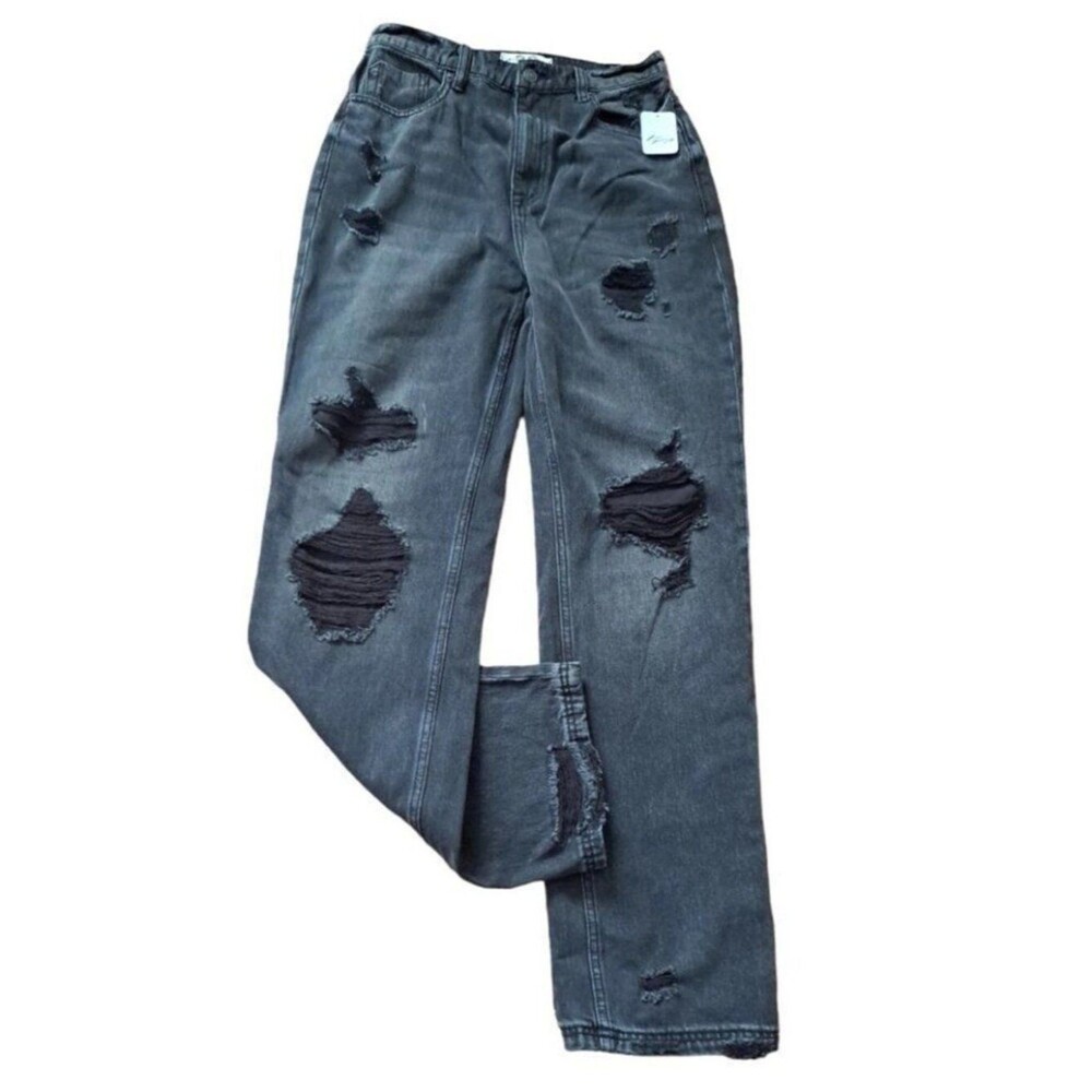 Free People Curvy Straight Factory Ripped Black High Rise Denim Jeans 29